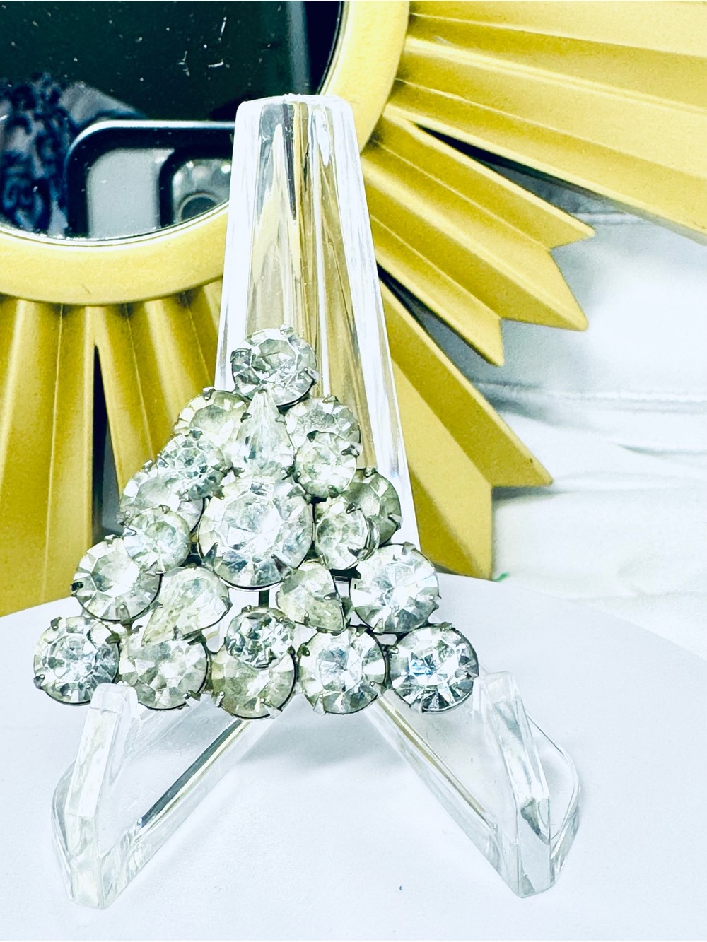 Crystal Cluster Triangle Brooch - Clear Rhinestone Accent
